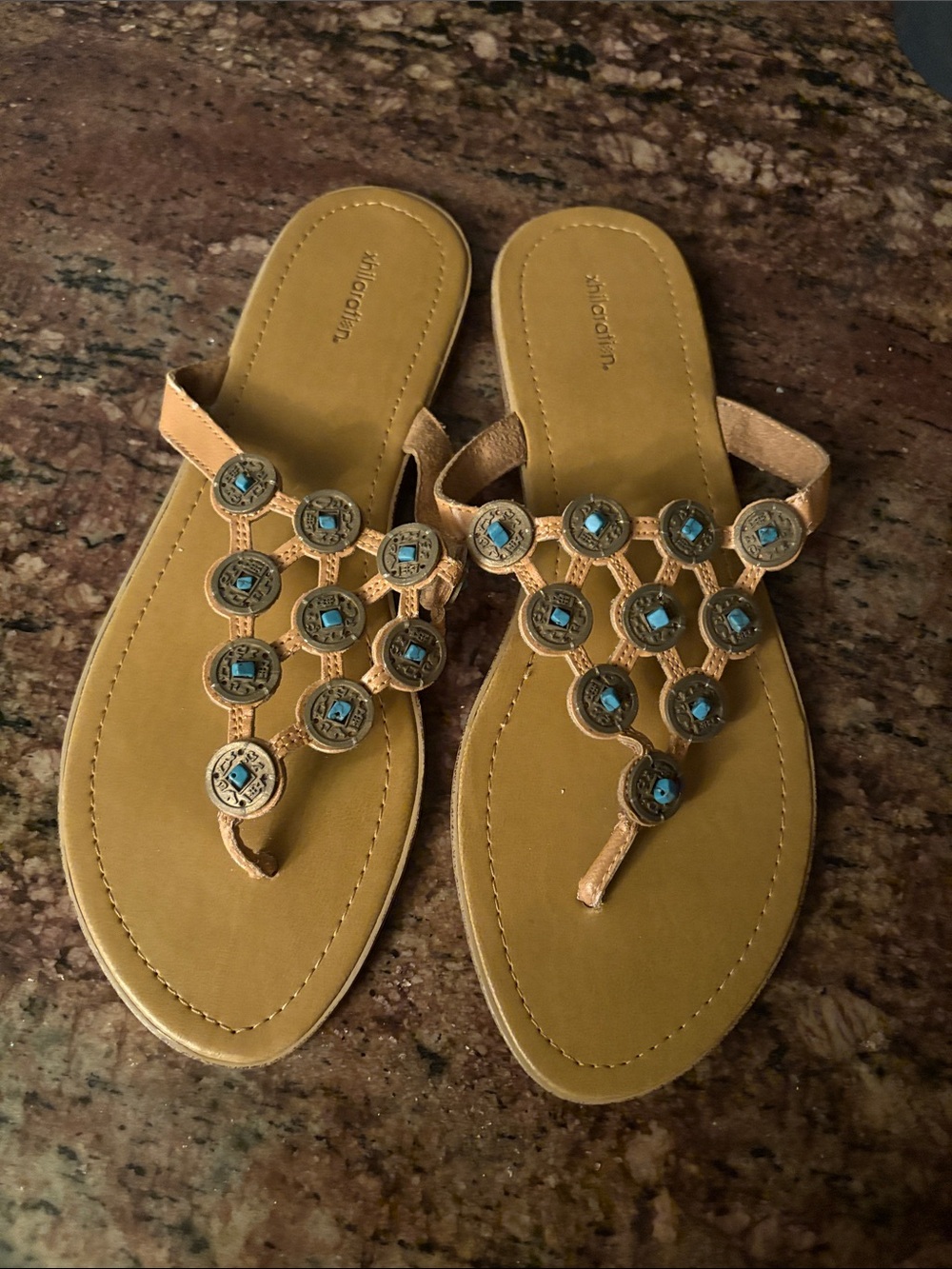 Xhilaration Tan Sandal with Turquoise Accent Medallions